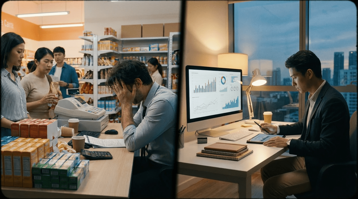 Split-screen comparison of a stressed, disorganized workspace versus a calm, productive office environment.